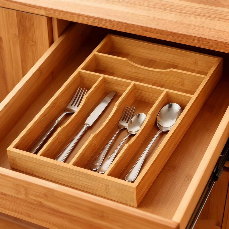 Bayting Bamboo Silverware Organizer, Bamboo Kitchen Drawer Cutlery Organizer, Utensil Holder, Flatware Organizer Tray (15.8"x9.5"x1.6") - Image 3